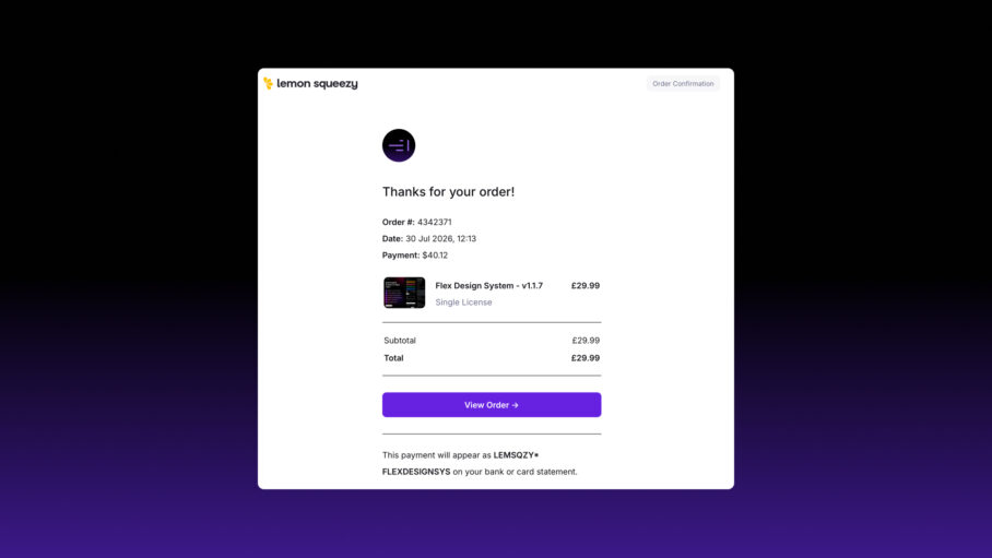Screenshot of the Lemon Squeezy order confirmation email.