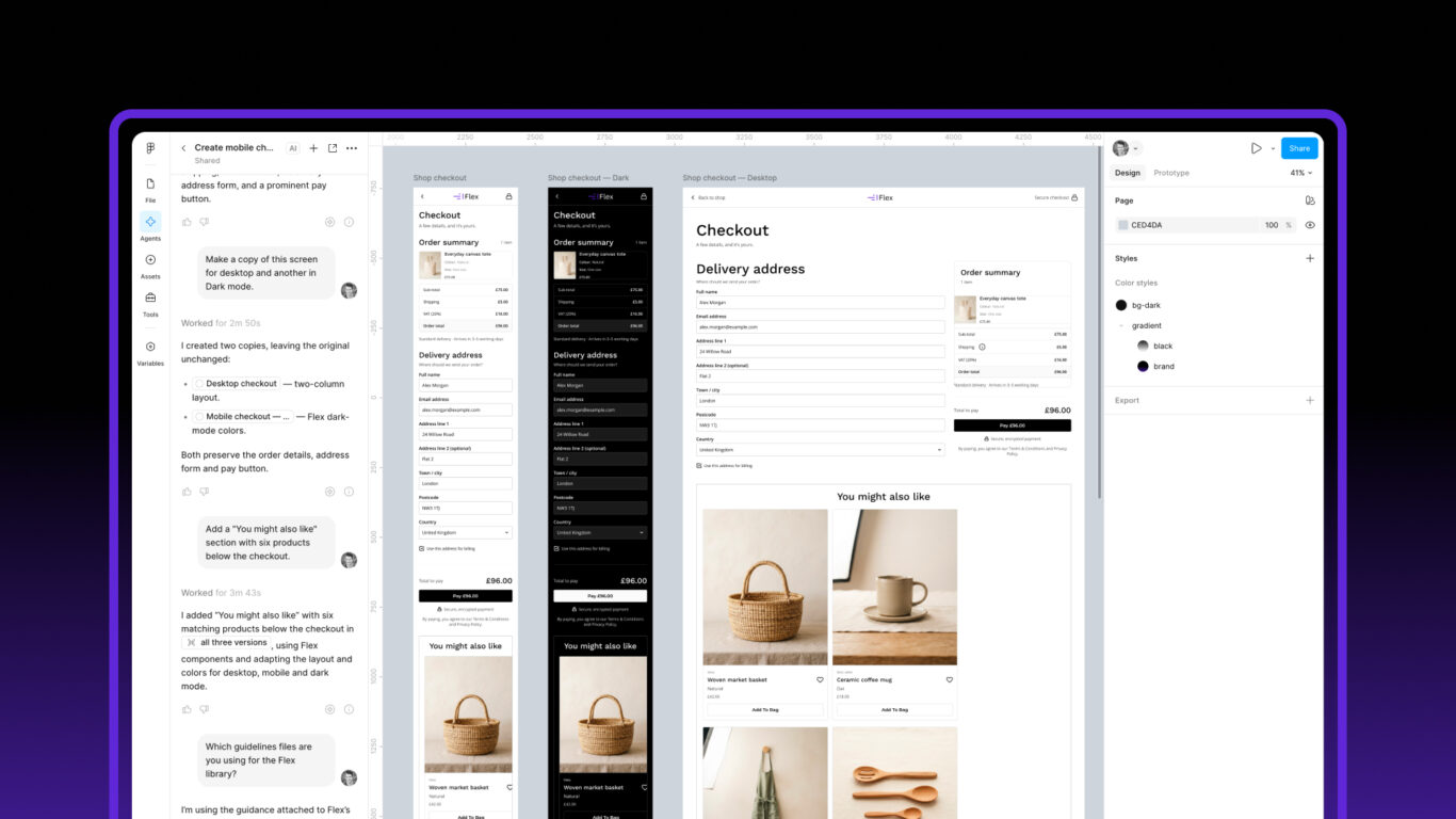 Figma Agent chat next to the mobile, Dark mode and desktop checkout screens it built with Flex Design System.