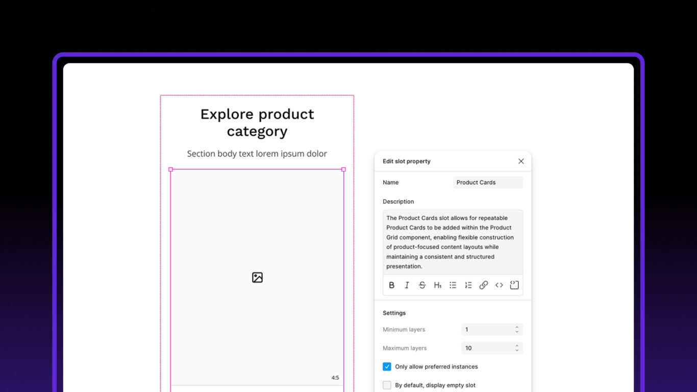 Figma Slots in Design Systems showing a repeatable product card grid Slot with minimum and maximum item settings and preferred instance controls in Figma.